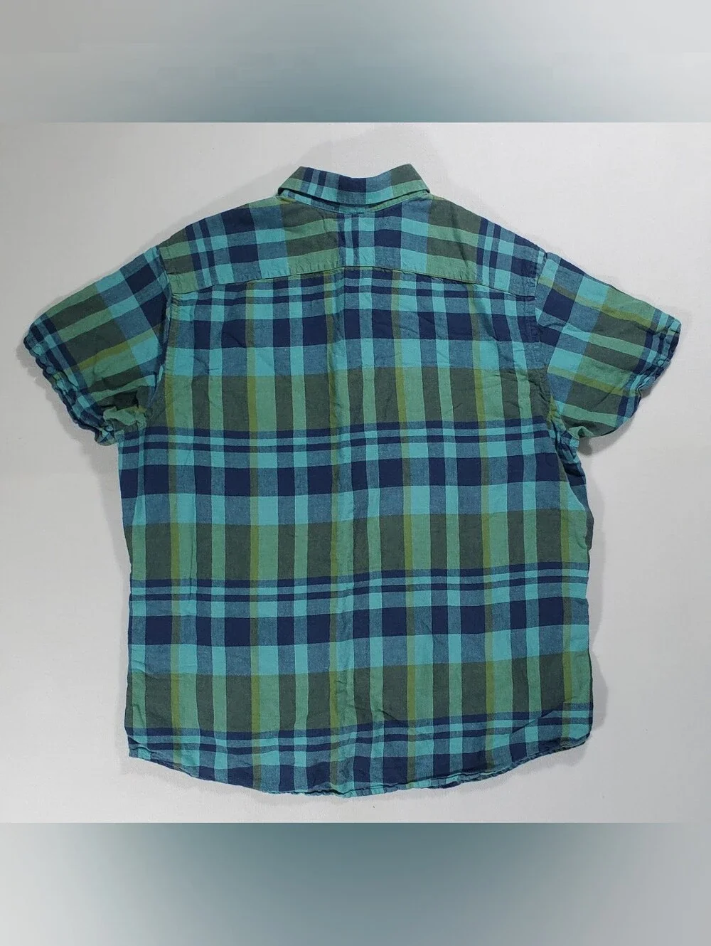 Banana Republic Mens XL Shirt Blue Green Plaid Linen Cotton Short Sleeve Pocket